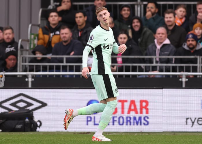 Cole Palmer pictured celebrating after scoring for Chelsea in an away win at Luton Town in December 2023
